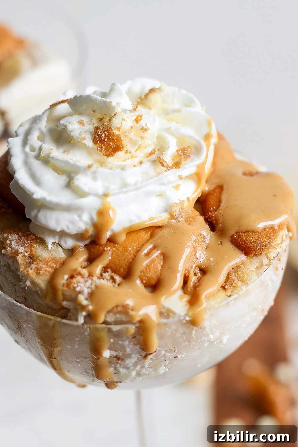 Close-up of a peanut butter banana ice box cake topped with whipped cream, caramel sauce, and cookie crumbs, served in a glass container.
