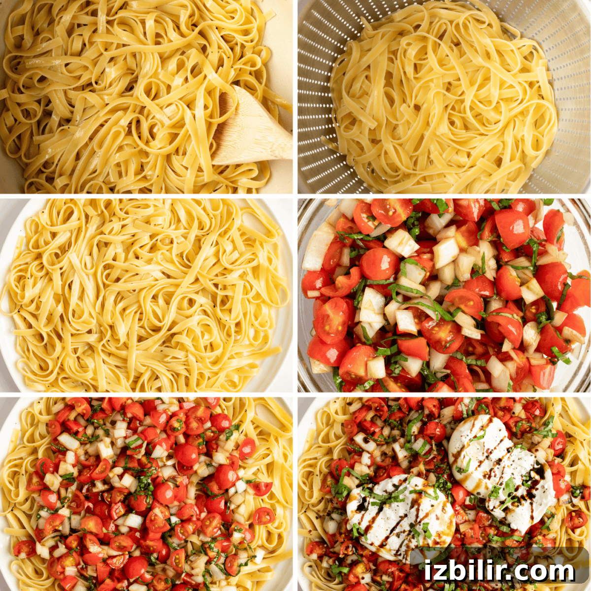 A dish of pasta topped with a large burrata cheese, drizzled with balsamic glaze, and garnished with chopped tomatoes and basil.