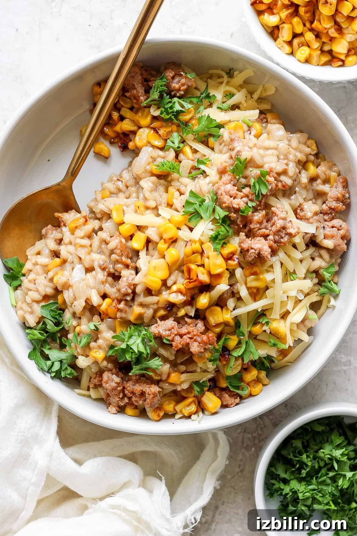 A bowl of barley risotto topped with corn, ground meat, shredded cheese, and garnished with fresh parsley. A gold spoon is placed on the side of the bowl. A small bowl of corn is in the background.