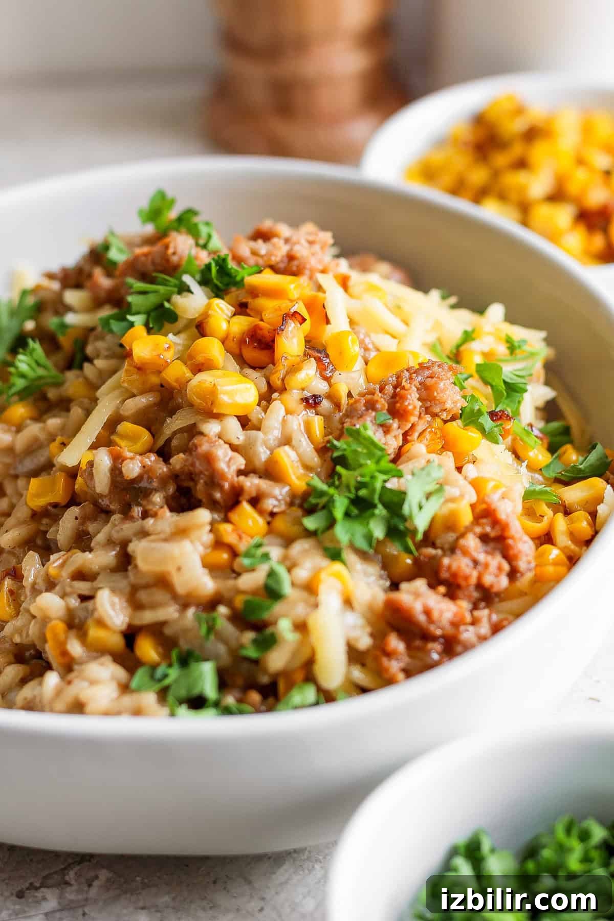 A bowl of risotto topped with ground meat, corn, shredded cheese, and fresh parsley. Other food dishes are blurred in the background.