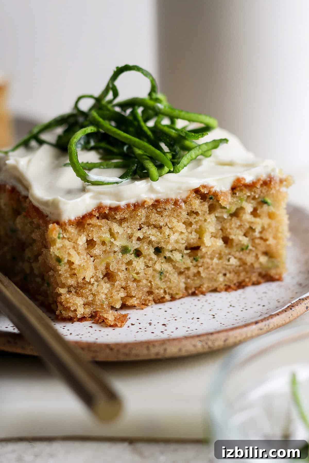 Moist Low-Sugar Zucchini Cake Recipe 6 A slice of cake with white frosting and green garnish on a speckled plate, accompanied by a fork.
