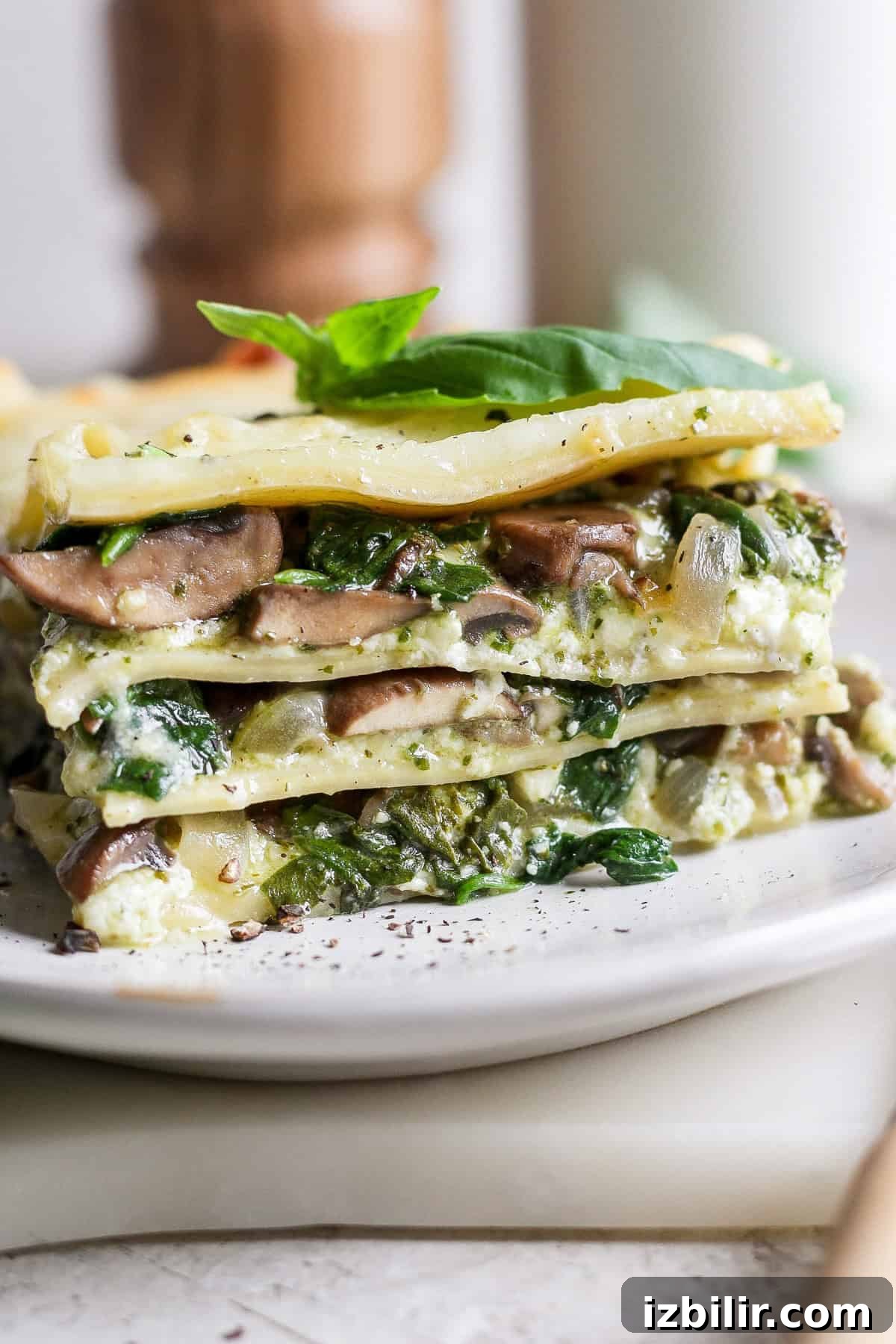 Pesto Lasagna Recipe with Fresh Basil and Mozzarella 8 A slice of vegetable lasagna on a plate, featuring layers of pasta, mushrooms, spinach, ricotta, and topped with a basil leaf.