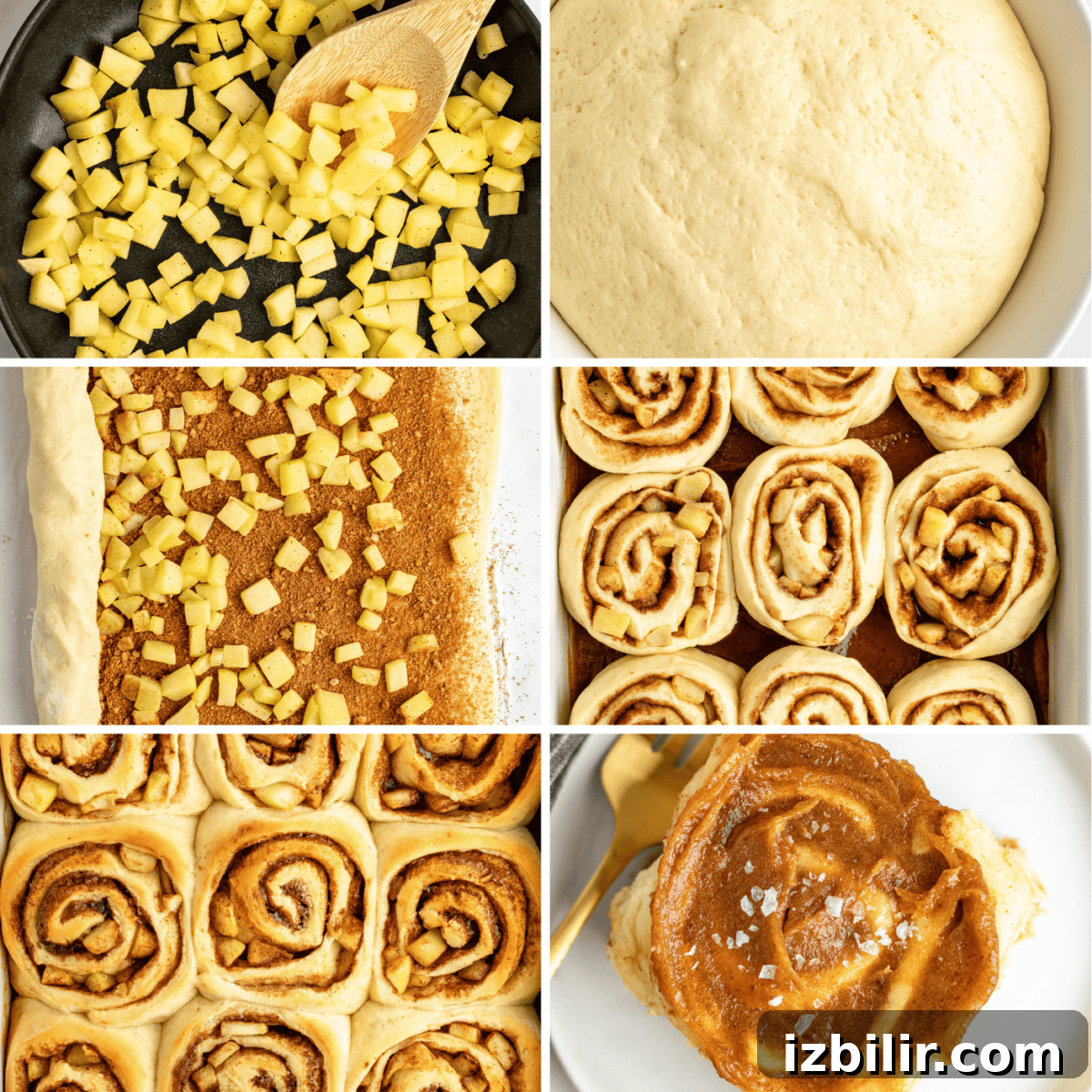 Caramel Glazed Apple Sticky Buns Recipe 3 Six-step process of making cinnamon rolls with a diced apple filling, showing stages from mixing dough and filling with apples and cinnamon to rolling, baking, and the final glazed rolls.