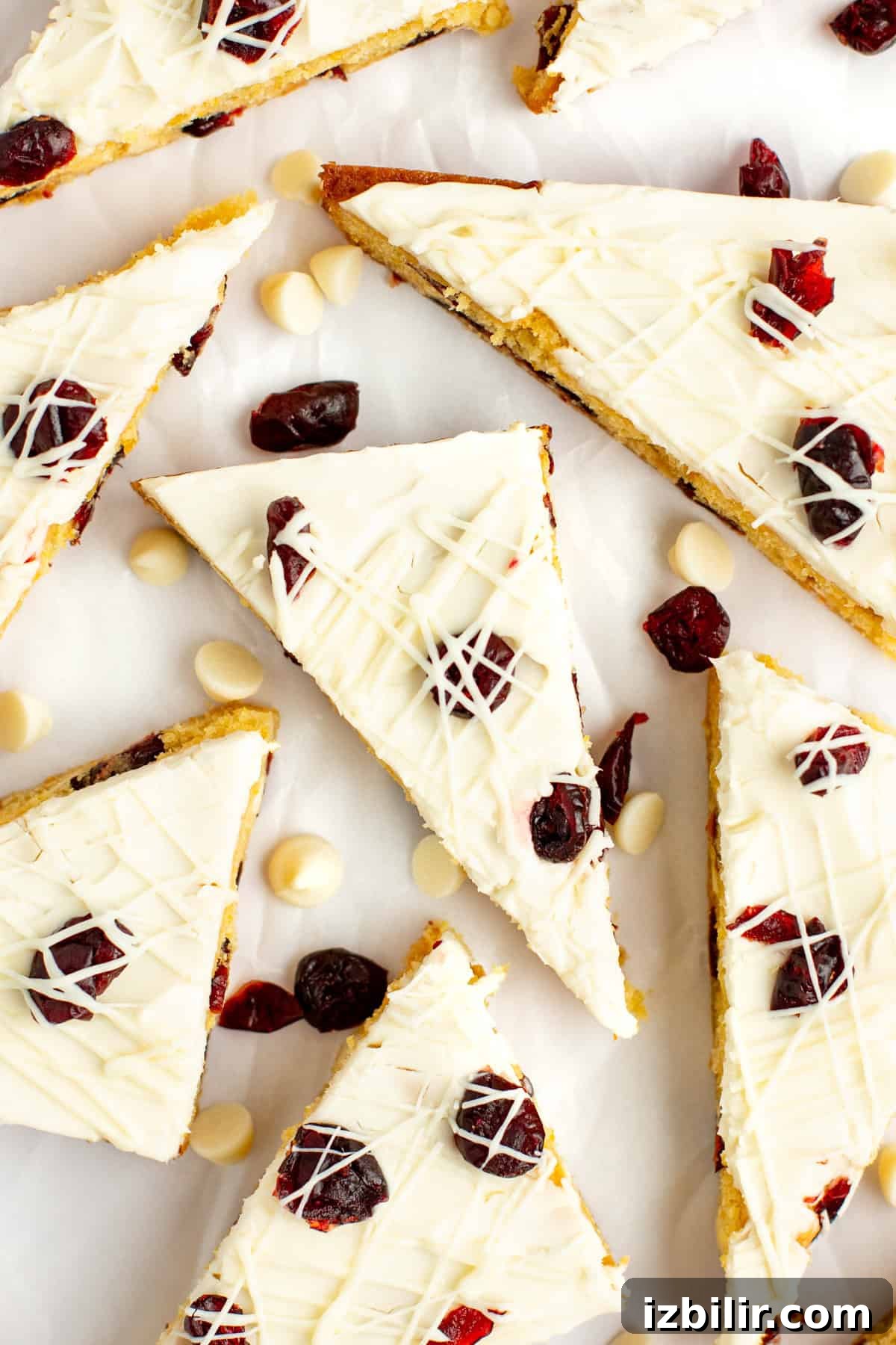 Triangular slices of a white chocolate and cranberry dessert bar are arranged on a white background, garnished with dried cranberries and white chocolate drizzle. White chocolate chips are scattered around.
