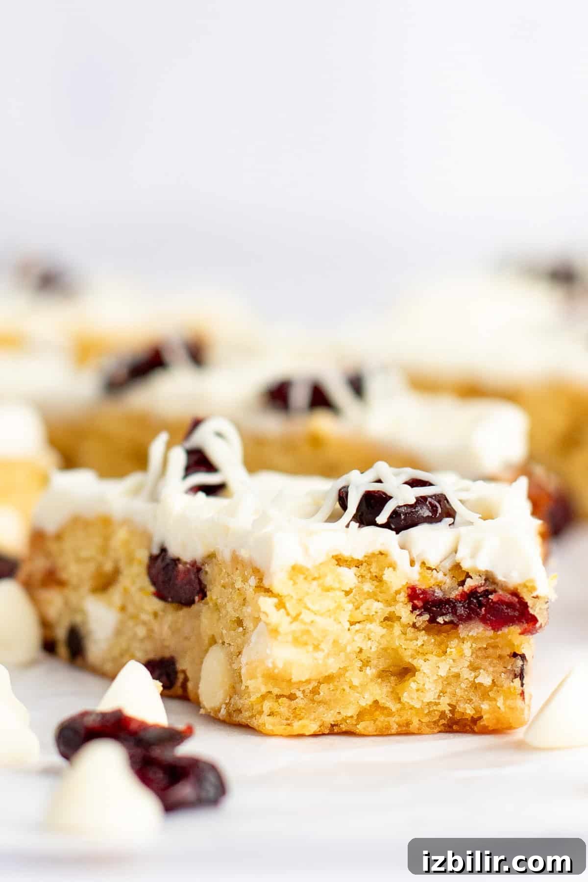 A close-up of a slice of white chocolate cranberry blondie topped with white chocolate drizzle and dried cranberries, with more blondie slices blurred in the background.