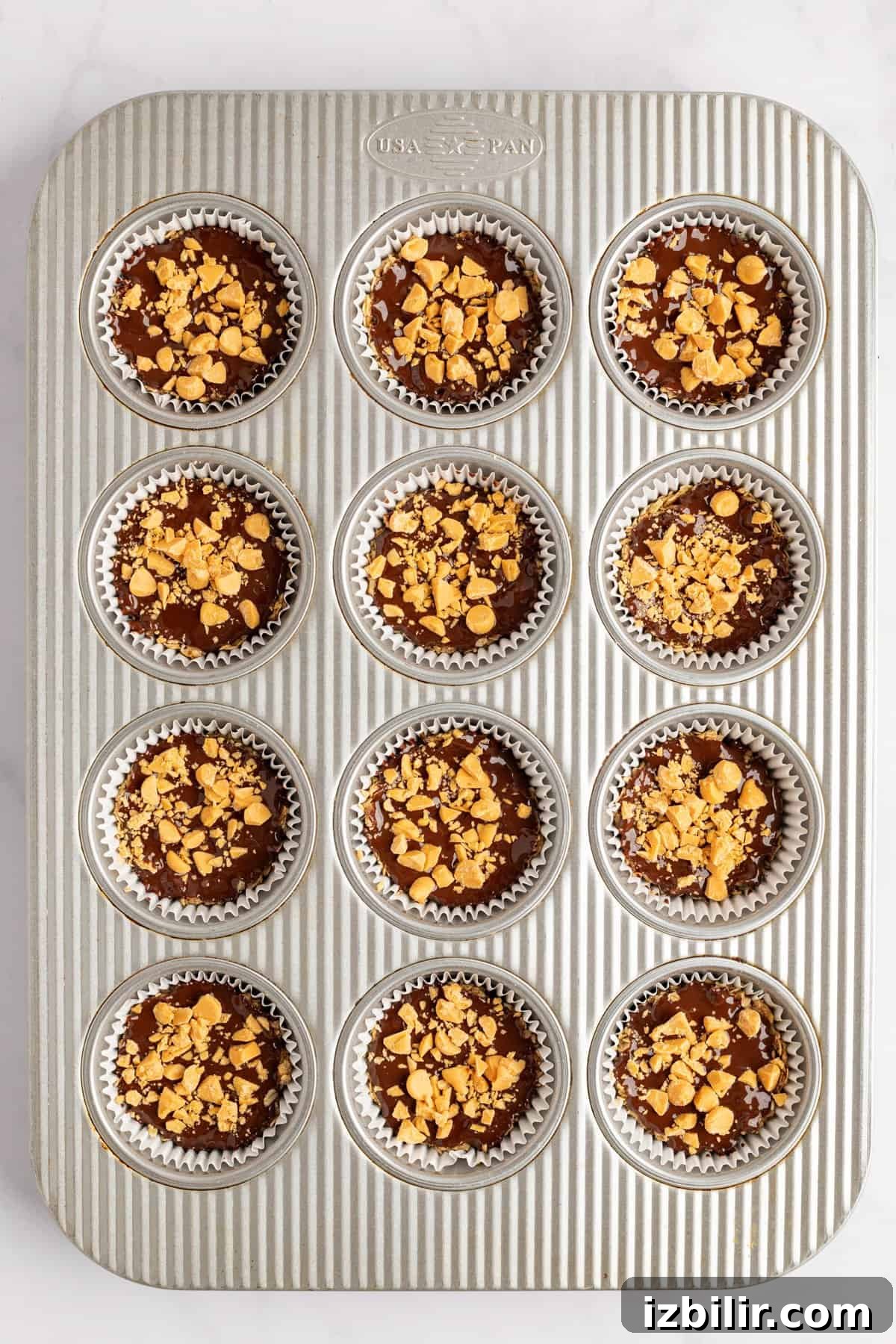 Pumpkin Spice Oatmeal Cups Recipe 4 Muffin tin with twelve slots filled with chocolate batter topped with crushed nuts.