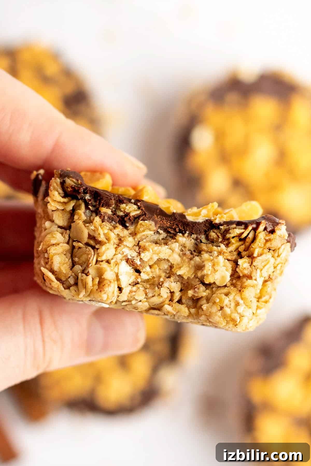 Pumpkin Spice Oatmeal Cups Recipe 6 Close-up of a hand holding a homemade granola bar with a chocolate topping.