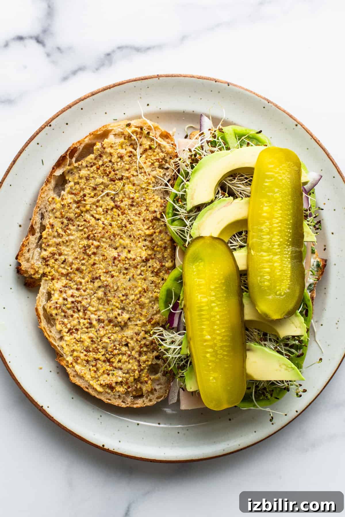 Classic Turkey Sandwich Recipe You Will Love 4 Open-faced sandwich with mustard, sprouts, avocado and pickles
