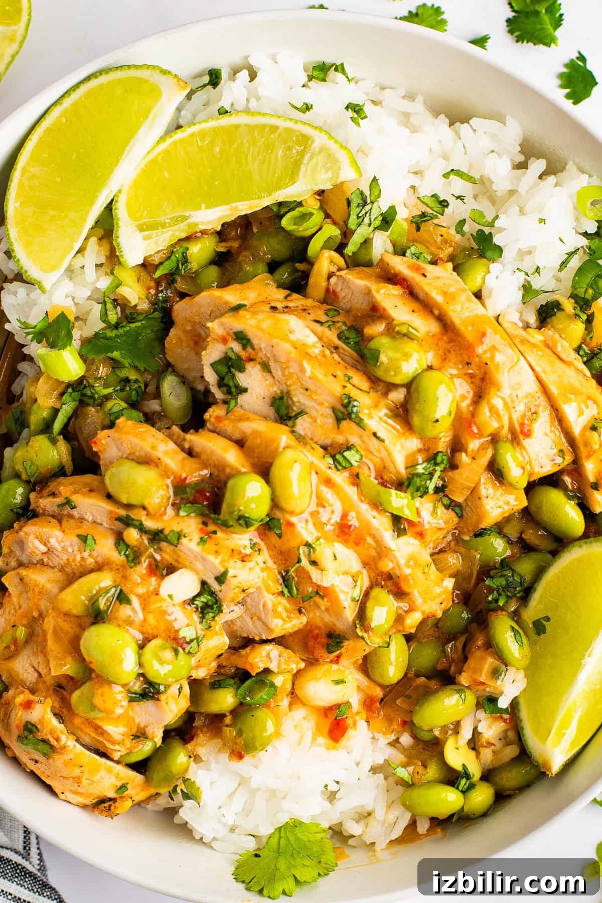 A bowl of white rice topped with sliced cooked chicken, edamame, and a creamy sauce, garnished with lime wedges and cilantro.