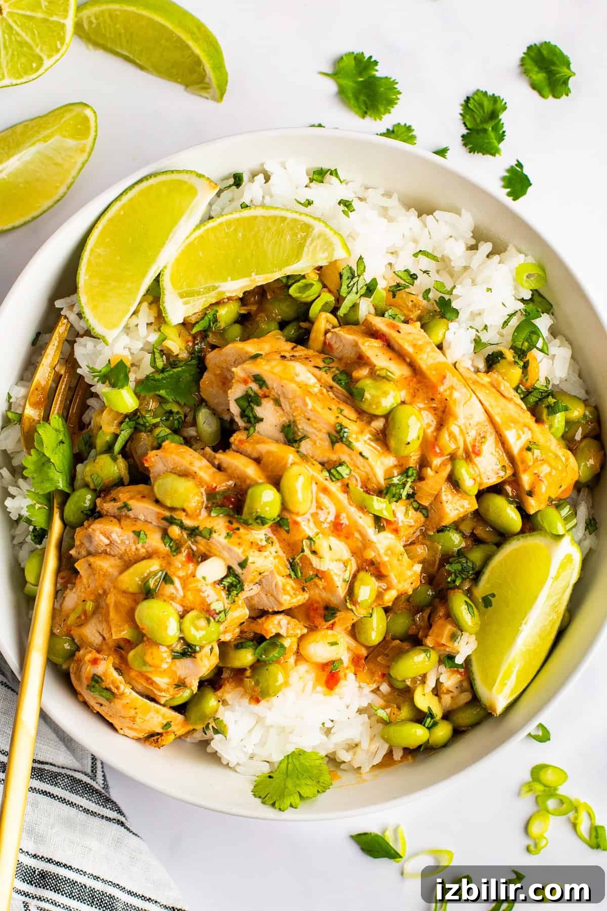 A bowl of white rice topped with sliced chicken, soybeans, and a creamy sauce, garnished with lime wedges and cilantro. A pair of gold chopsticks rests beside the bowl. Lime slices are scattered around.