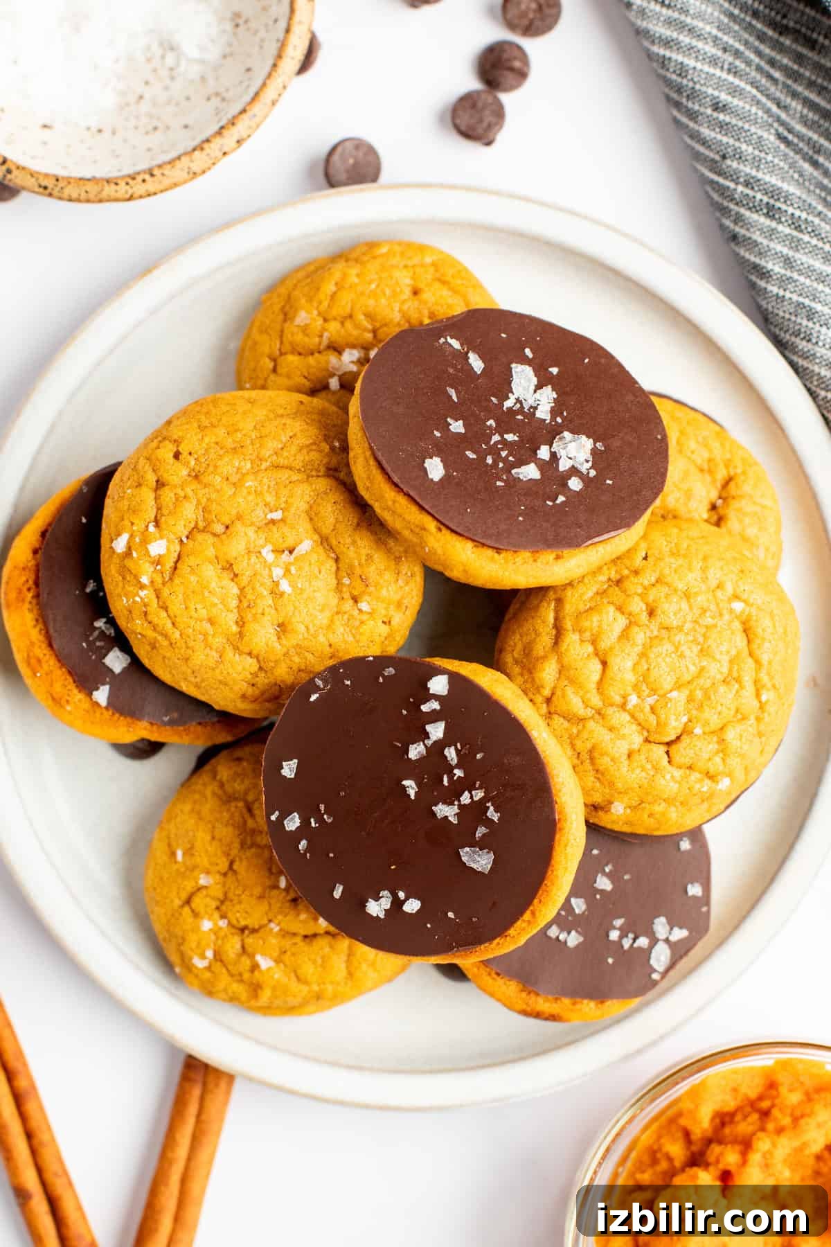 A white plate holds several cookies, half of which are chocolate-topped and sprinkled with coarse sea salt. The other half are plain.