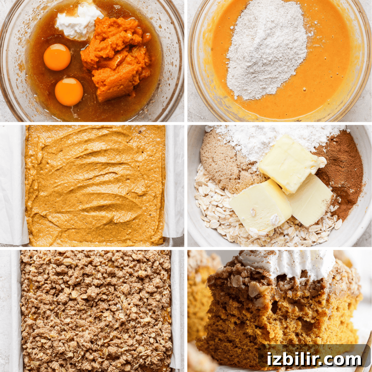 Pumpkin Coffee Cake with Cinnamon Streusel 3 A collage showing steps of making pumpkin coffee cake: mixing, adding flour, spreading batter, streusel, baked cake, and a slice served with whipped cream.