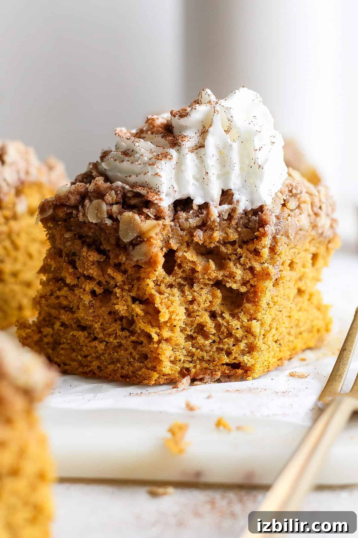 Pumpkin Coffee Cake with Cinnamon Streusel 6 Close-up of a piece of pumpkin cake topped with streusel and whipped cream beside a gold fork.