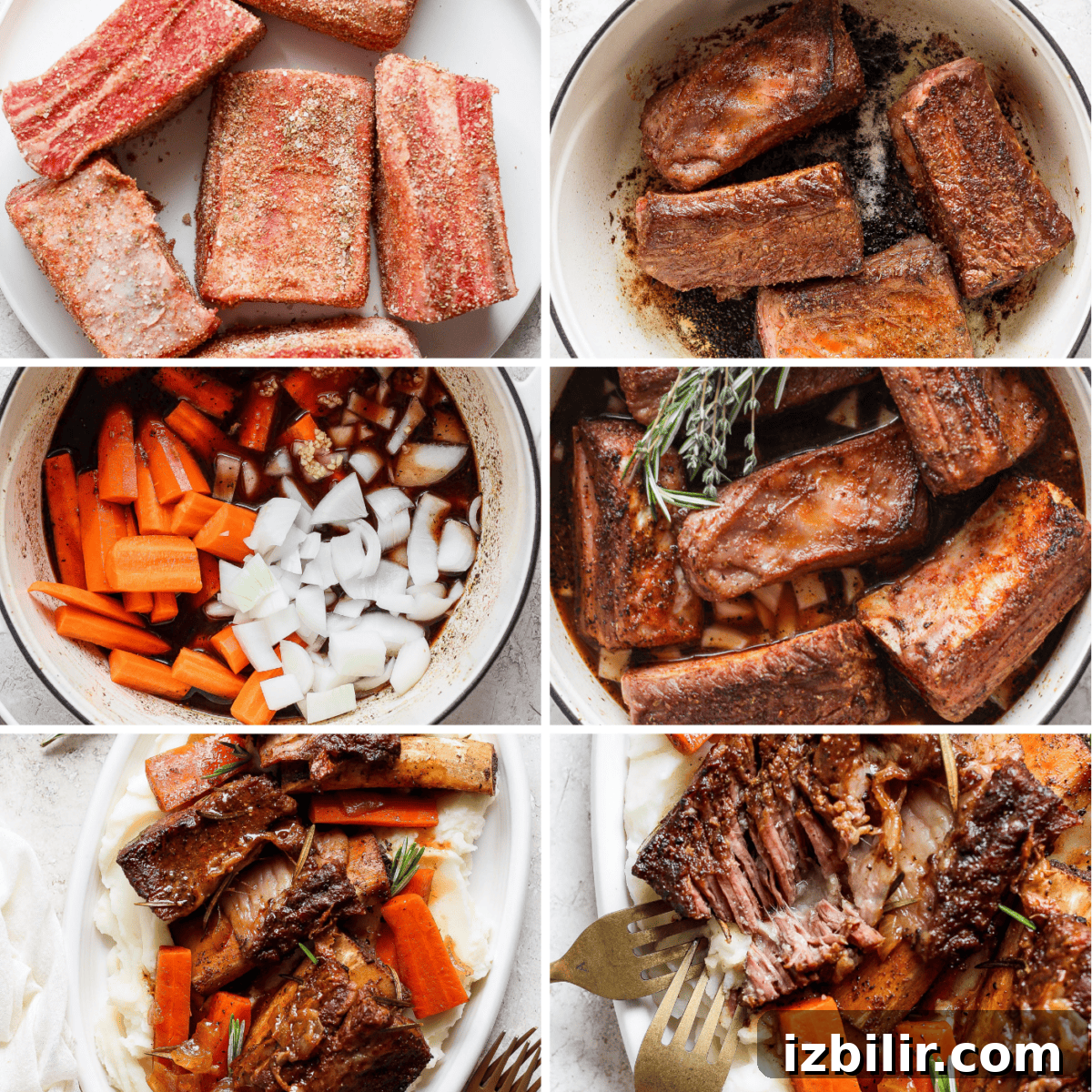 Braised Short Ribs That Fall Off the Bone 3 Collage of six steps detailing the preparation and cooking of braised short ribs with carrots and onions, from raw seasoned ribs to the final plated dish.