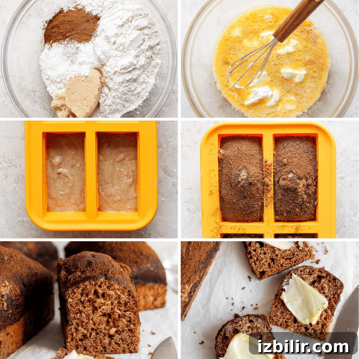 Mini Cinnamon Crunch Loaves Recipe 3 A collage showing the steps for baking banana bread. Images include flour mixture, wet ingredients being whisked, batter in molds, baked bread, sliced bread, and buttered bread slices.