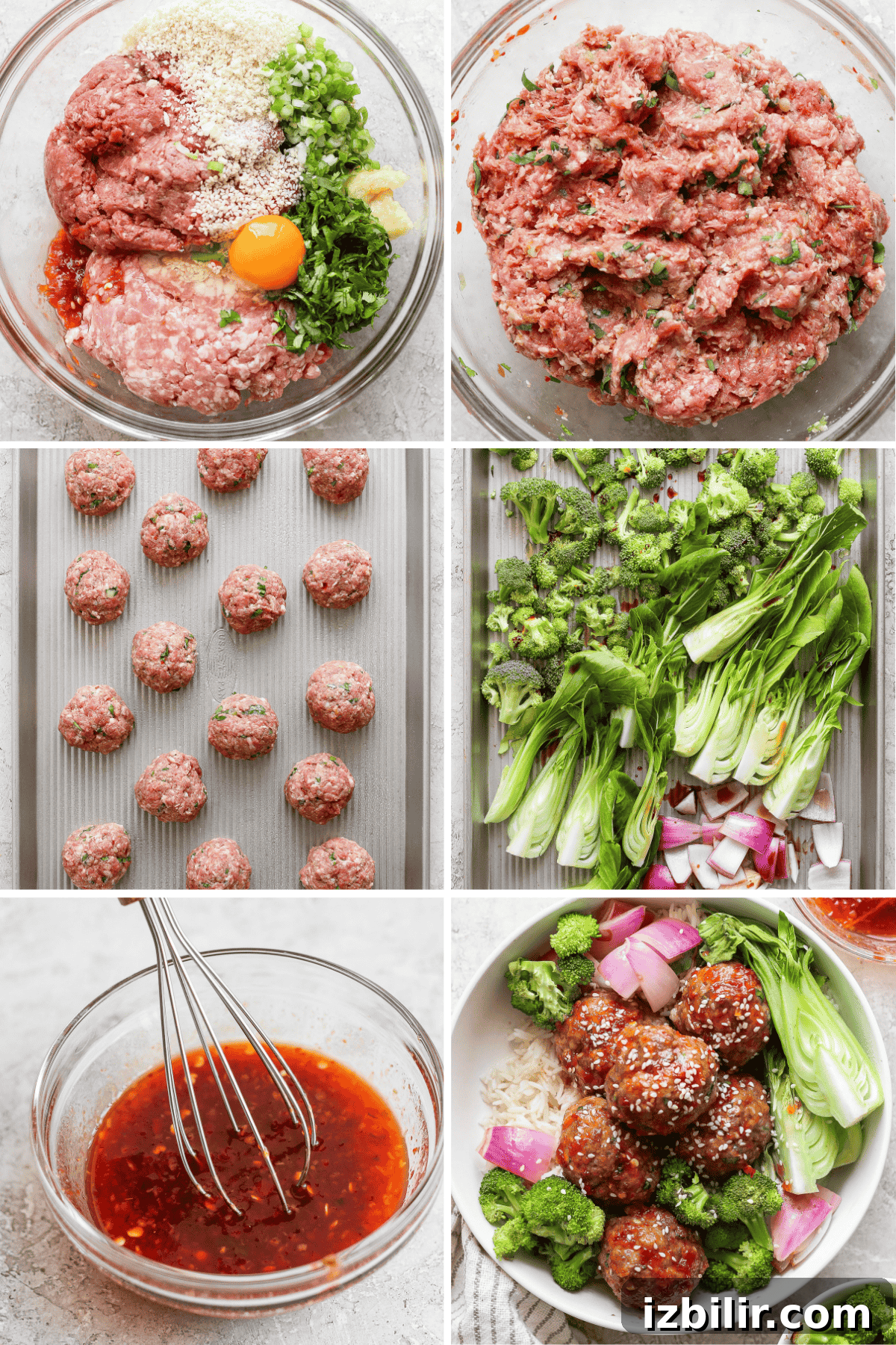 A six-panel image showing the process of making meatballs with vegetables. The final panel displays a bowl of meatballs, broccoli, and bok choy garnished with sesame seeds.