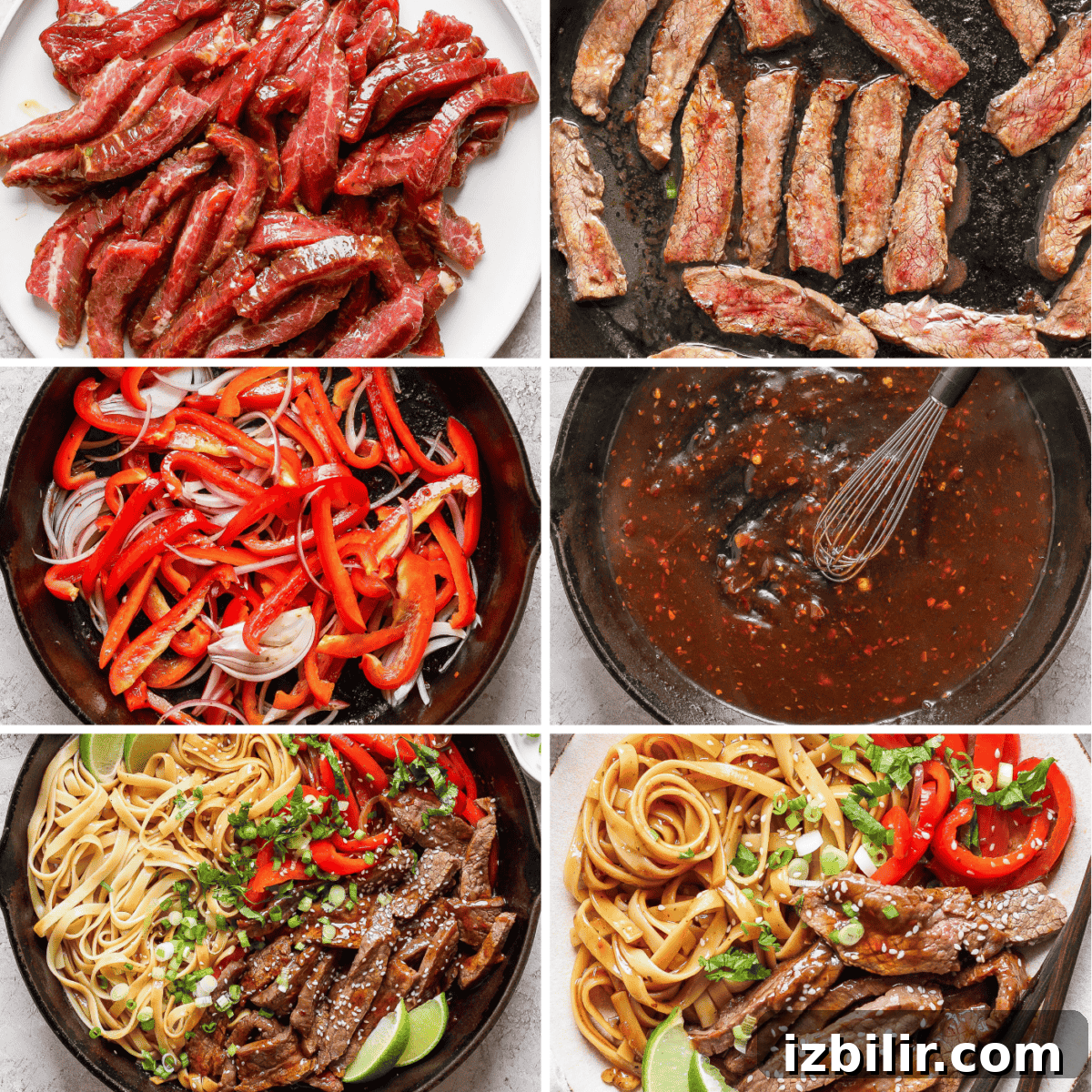 Six images showing the steps to prepare beef stir-fry with noodles: marinated beef, cooked beef strips, sliced onions and peppers, sauce preparation, noodles with vegetables, and final plated dish with garnish.