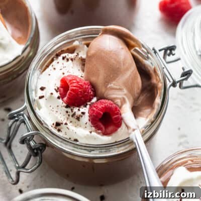 Chocolate mousse in jars with whipped cream and raspberries.