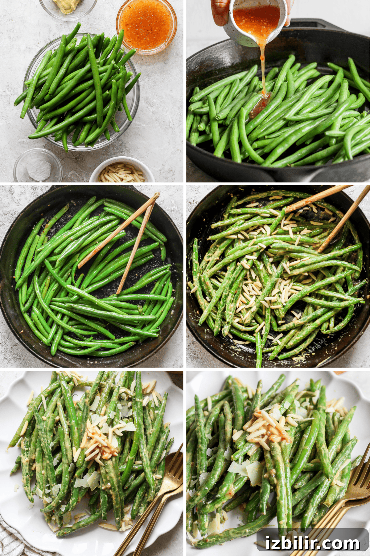 Grandma Ginny's Green Bean Sauté Recipe 5 A six-step cooking process showing green beans being prepared with a sauce, tossed in a pan, garnished with slivers, and served on a plate.