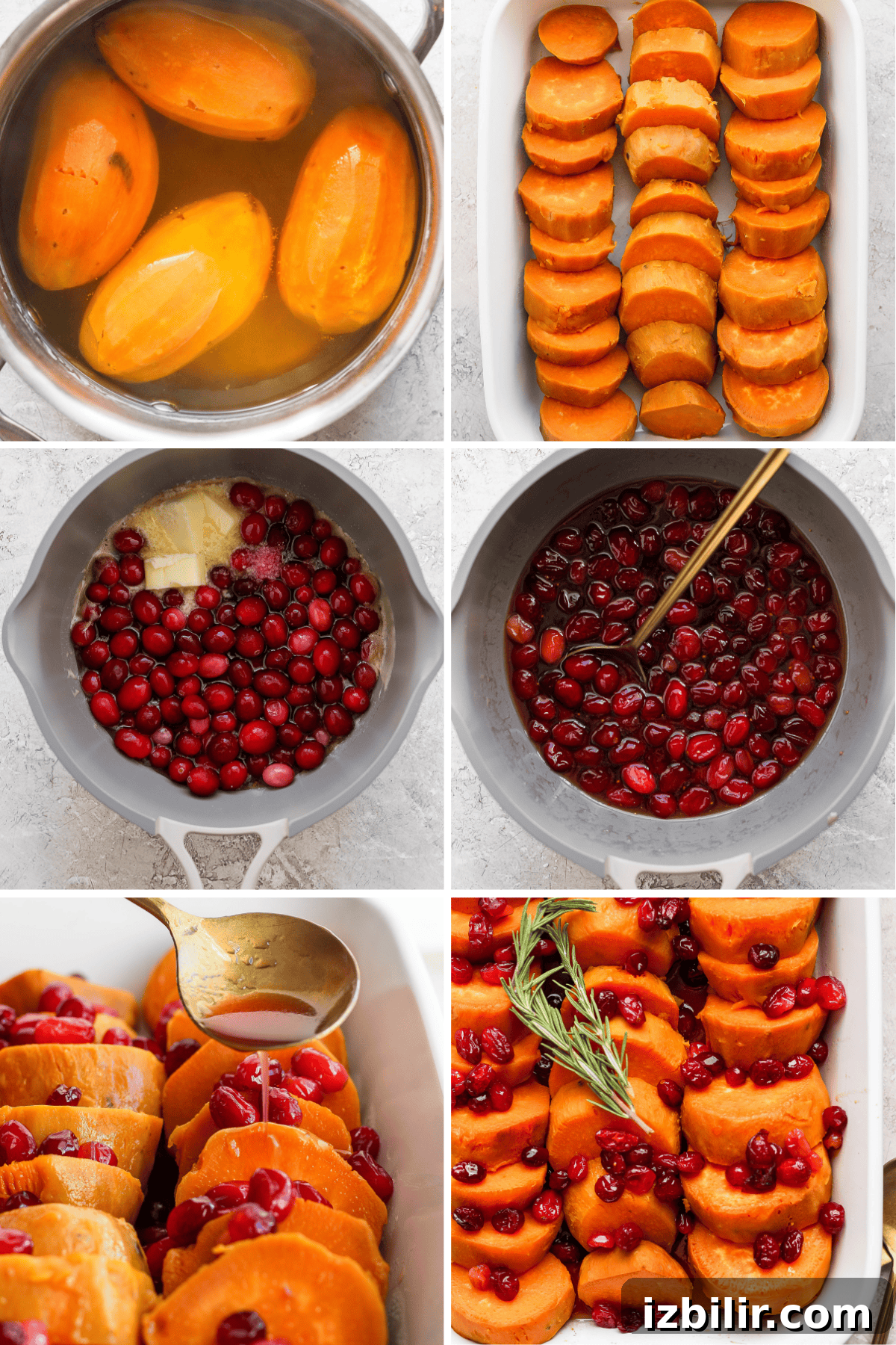 Grandpa Dick's Maple Cranberry Sweet Potatoes Recipe 4 Boiling sweet potatoes, sliced in a dish, mixing cranberries in sauce, spooning sauce over potatoes, and garnished with rosemary.