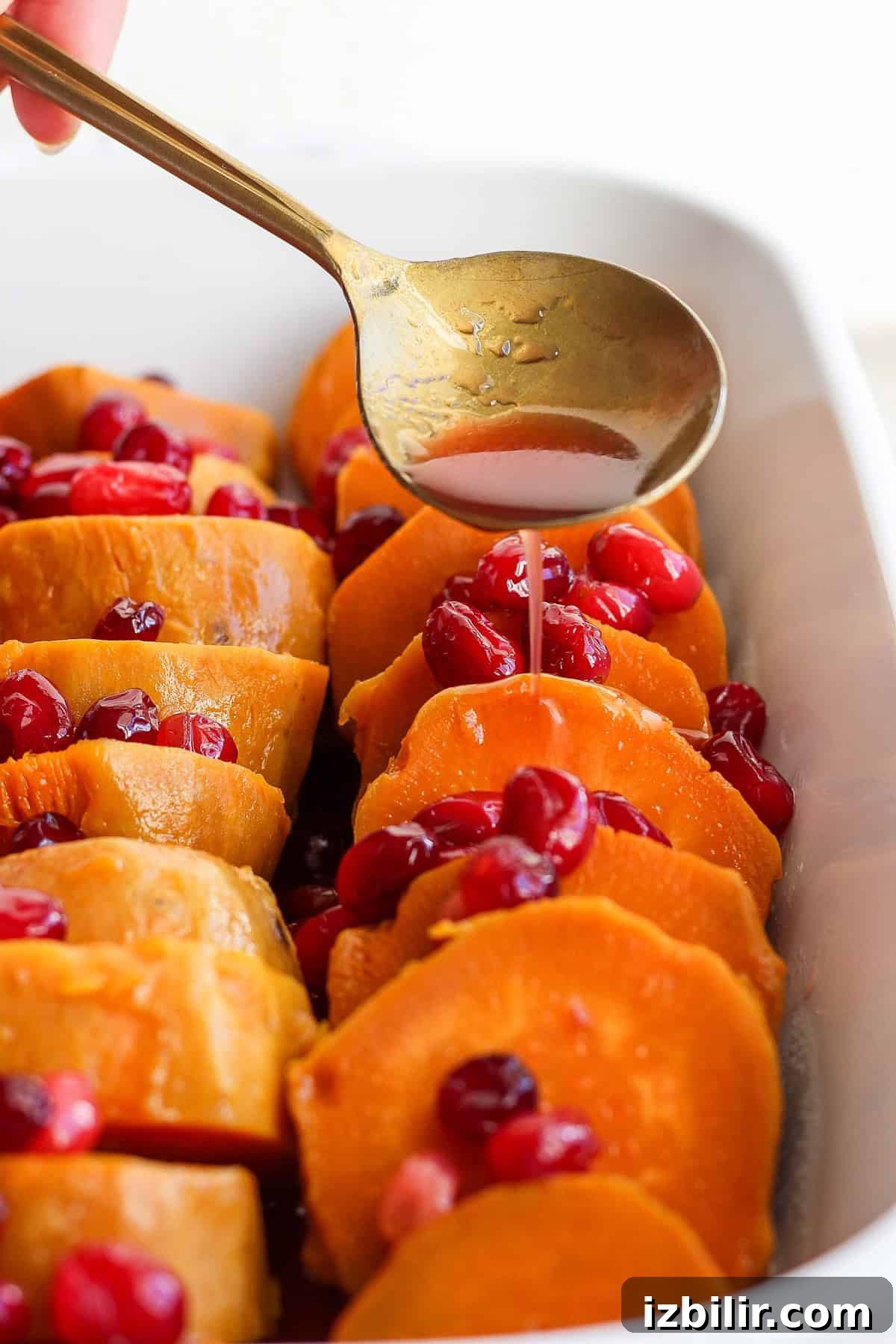 Grandpa Dick's Maple Cranberry Sweet Potatoes Recipe 6 A spoon drizzles liquid over sliced sweet potatoes topped with cranberries in a rectangular white baking dish.