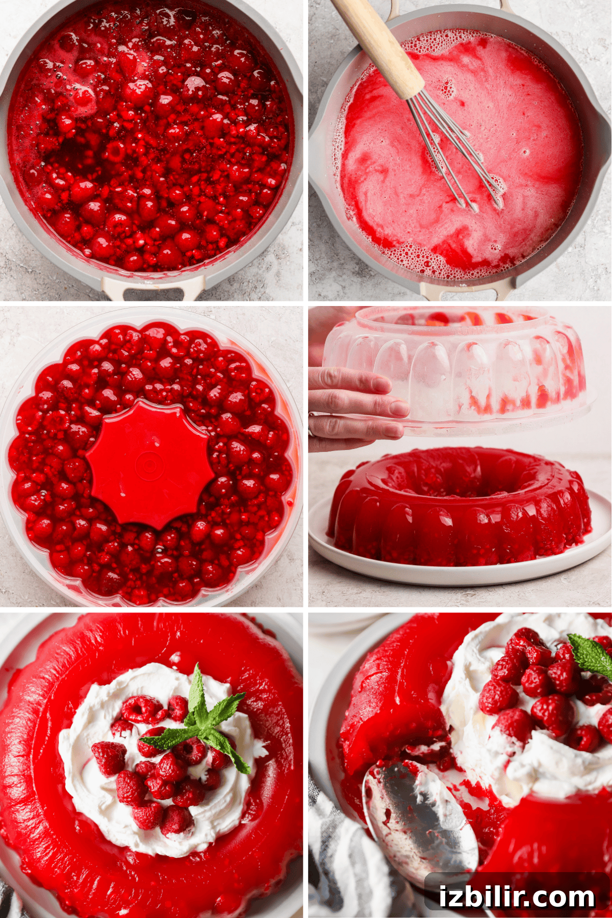 Nanie Arlene's Vintage Jello Mold Recipe 3 Step-by-step process of making raspberry gelatin mold, including mixing, setting in a mold, and decorating with whipped cream, raspberries, and mint leaves.