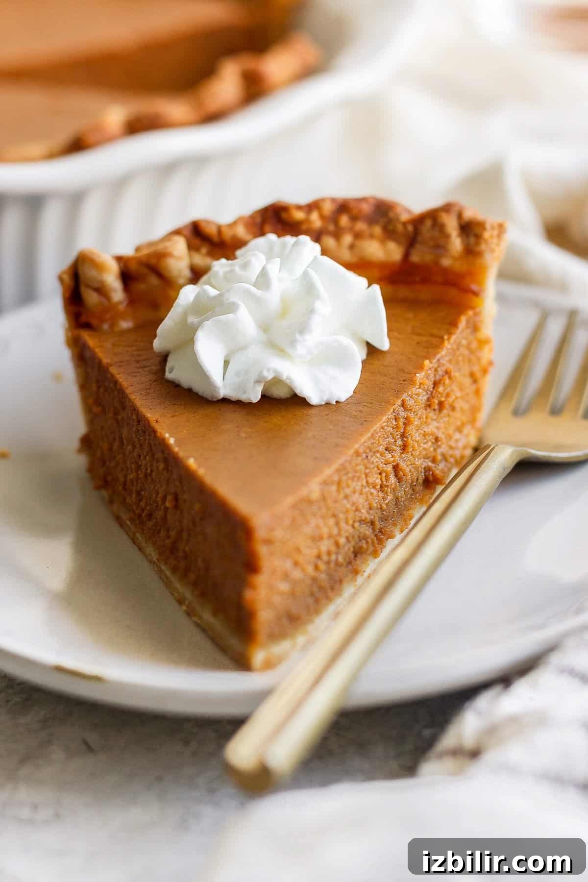 A slice of pumpkin pie with a dollop of whipped cream on top, placed on a white plate next to a fork.