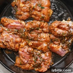 Raw marinated chicken thighs in a dark cast iron skillet, ready to be cooked.