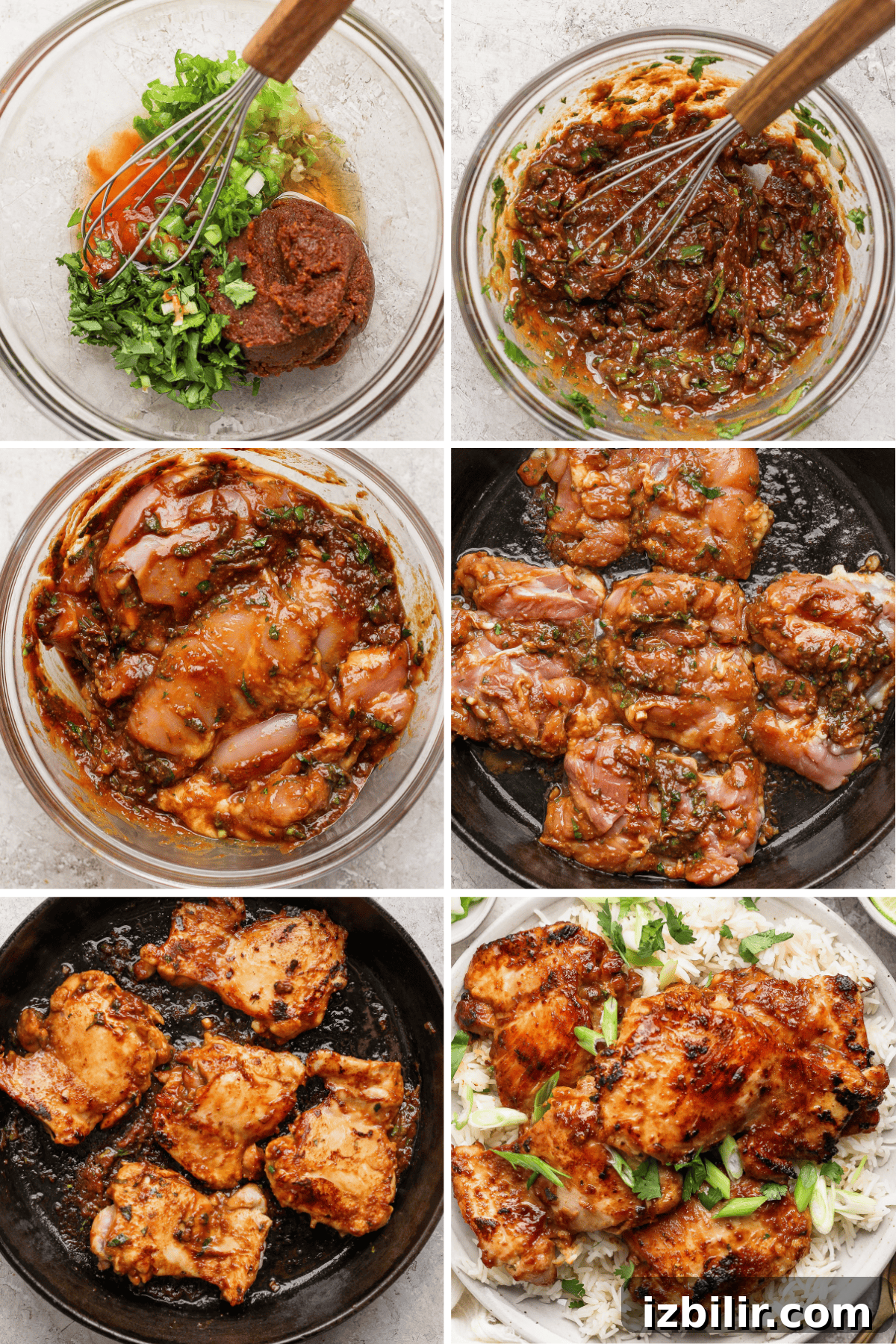 Step-by-step images showing marinating chicken in a spiced sauce, grilling, and serving on rice.
