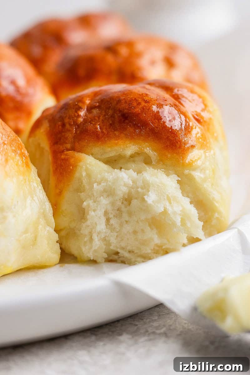 Close-up view of freshly baked, golden brown bread rolls on a white plate.
