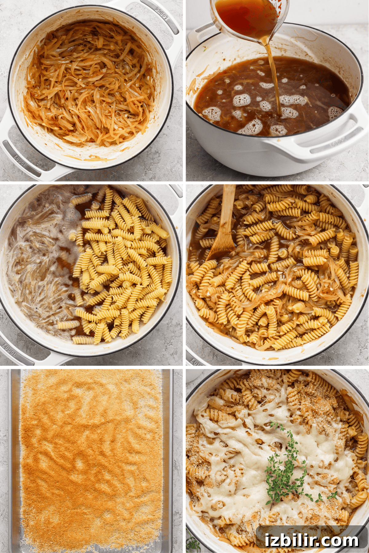 Step-by-step process of making a pasta bake: sautéing onions, adding broth, mixing with pasta, baking with cheese.