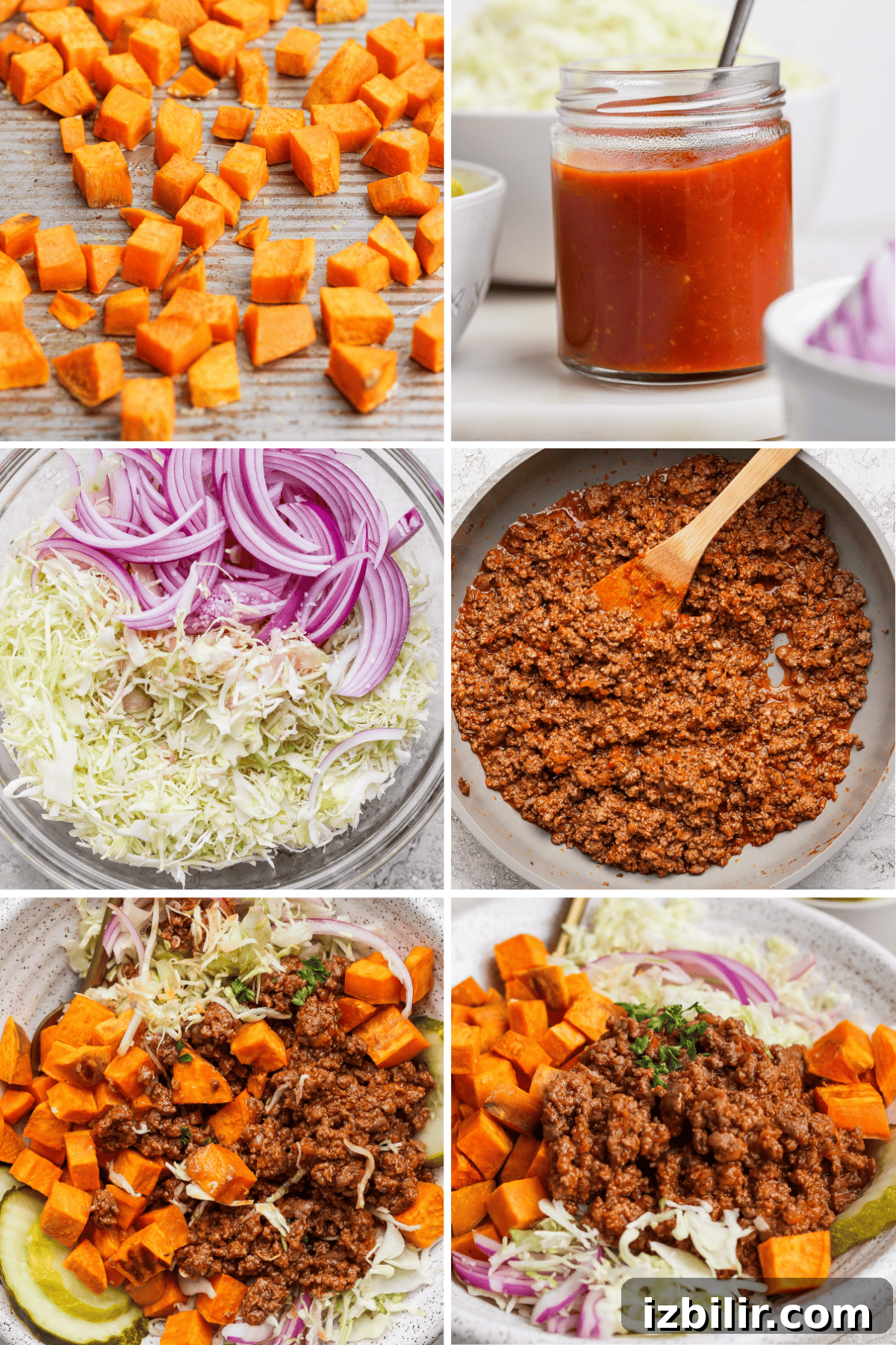 A collage showing diced sweet potatoes, red sauce in a jar, sliced onions with cabbage, and a bowl with cooked mixture, arranged in a sequence of preparation.