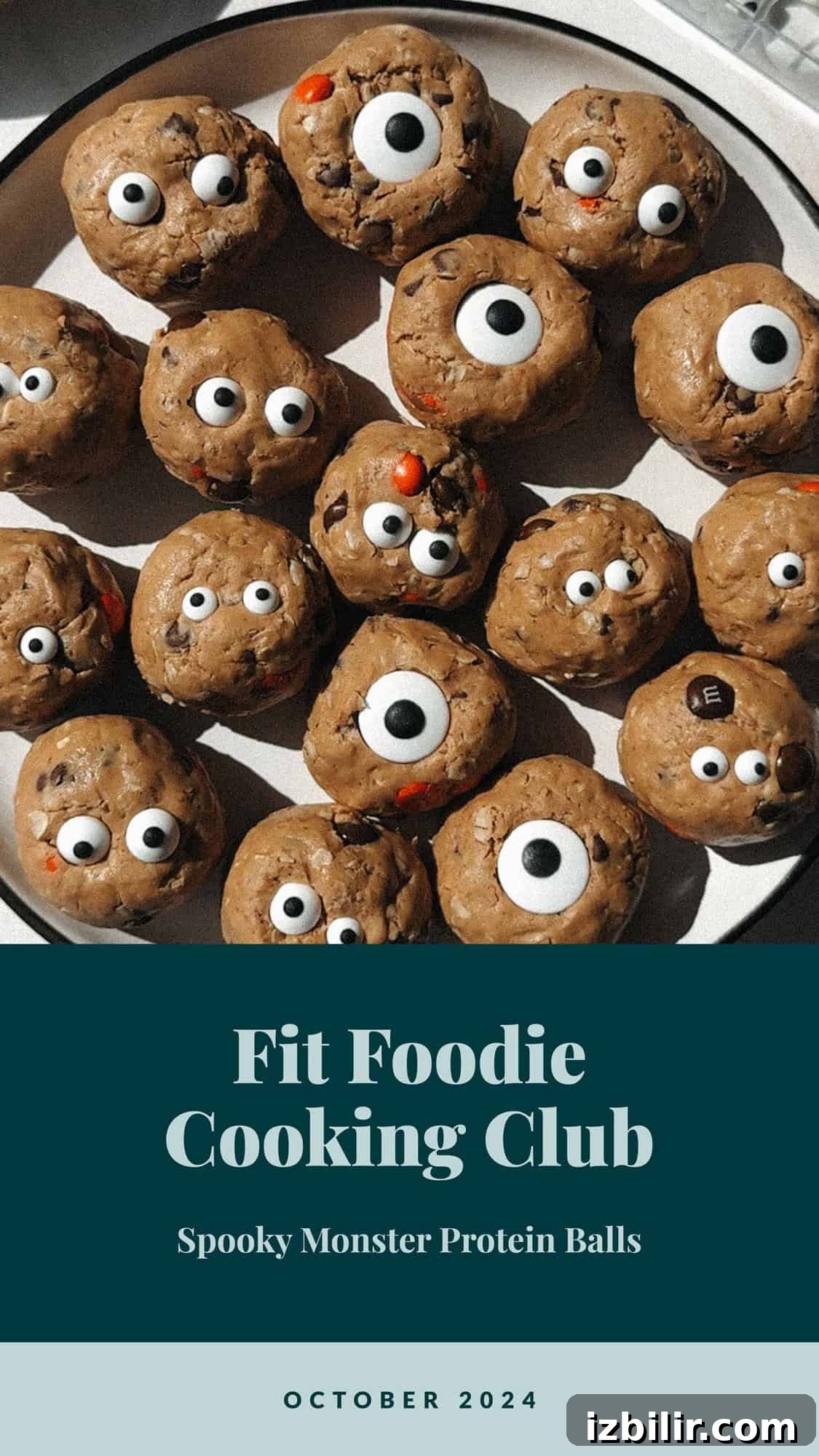 A plate of spooky monster protein balls with googly eyes is shown. The bottom text reads: 'Fit Foodie Cooking Club - Spooky Monster Protein Balls - October 2024.'