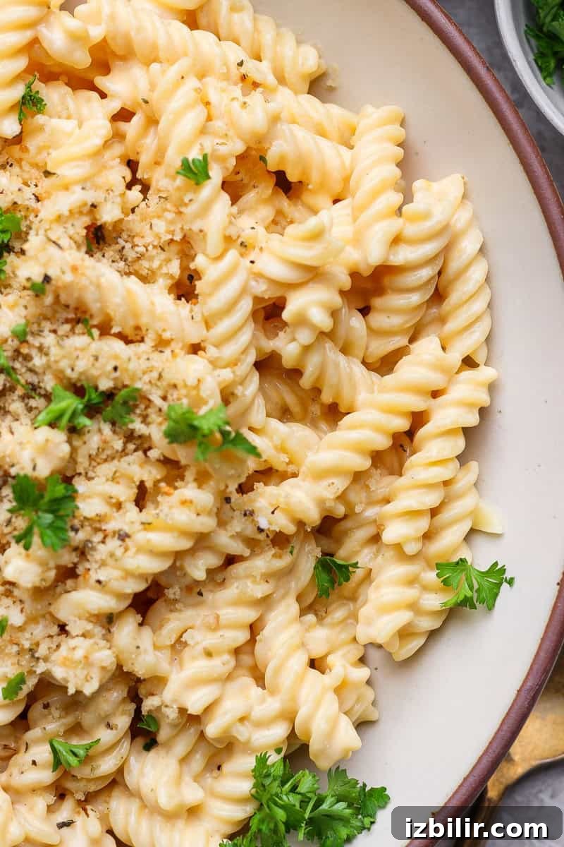 Creamy Whipped Cottage Cheese Macaroni and Cheese 2 A close-up of a bowl of creamy pasta topped with breadcrumbs and garnished with fresh parsley.