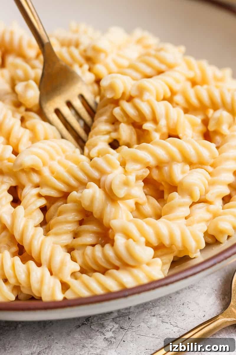 Creamy Whipped Cottage Cheese Macaroni and Cheese 4 A fork twirls creamy cheese sauce-covered rotini pasta in a bowl on a textured surface.