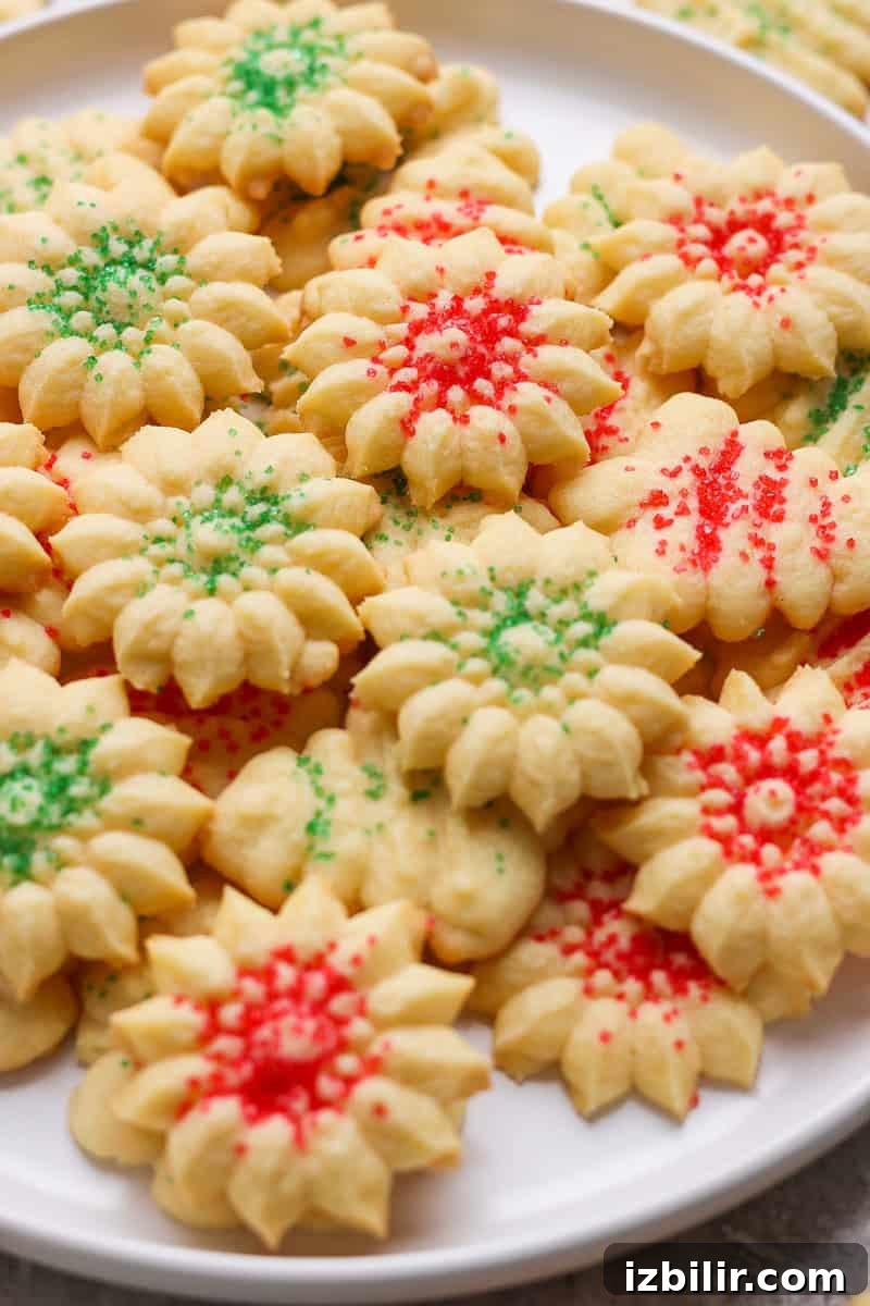 A plate of flower-shaped cookies decorated with red and green sprinkles.
