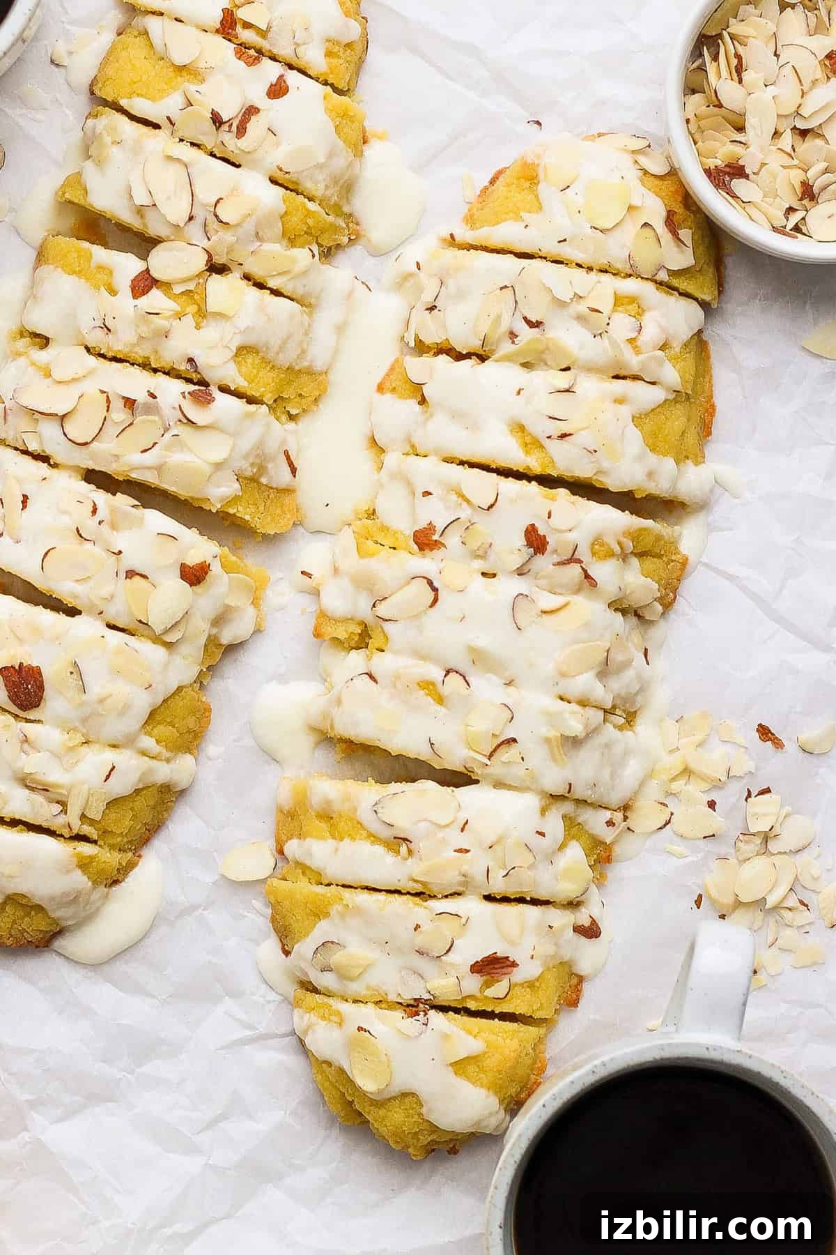 Slices of bread with white icing and almond flakes on parchment paper, alongside a bowl of almonds and a cup of black coffee.