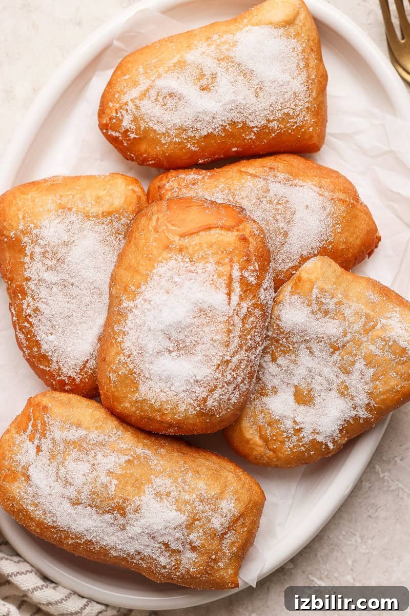 Nonna Marie's Pizza Fritta Recipe: Crispy Italian Fried Pizza 2 A plate of six sugar-dusted beignets on a white dish.