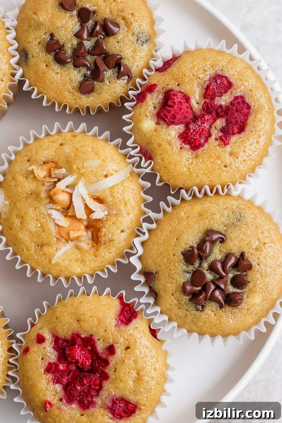 A plate with six muffins, some topped with chocolate chips, others with raspberries, and one with coconut and nuts, all in white paper liners.