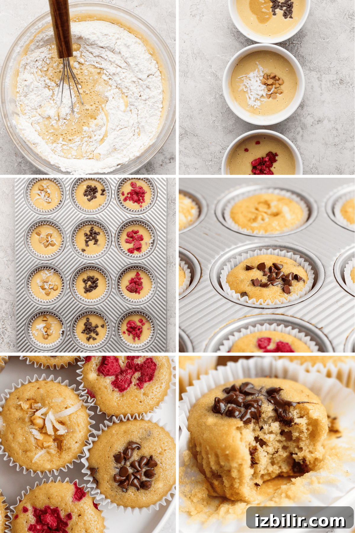 A step-by-step collage of muffin preparation showing mixing batter, filling muffin tins with toppings, baking, and finished muffins with toppings like chocolate chips and raspberries.