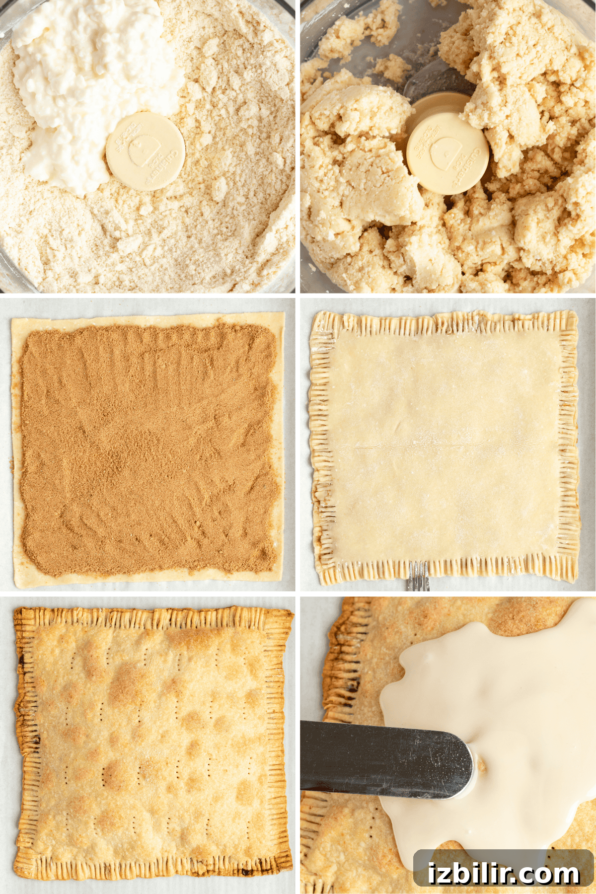 Homemade Protein Pop Tarts Recipe 5 Step-by-step process of making a pastry: dough mixture, rolled dough with a cinnamon filling, sealed and crimped edges like delicious protein pop tarts, baked to perfection, and icing applied on top.