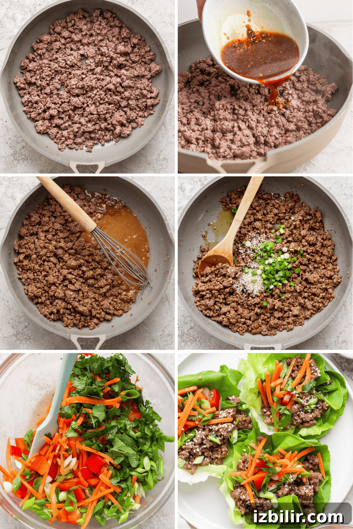 Korean Beef Lettuce Wraps with Gochujang Glaze 3 Collage of making lettuce wraps: cooking ground beef, adding sauce, mixing in spices and green onions, preparing a vegetable mix, and assembling lettuce wraps with vegetables.