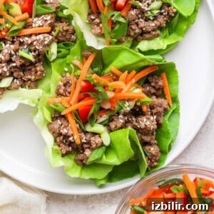 Korean Beef Lettuce Wraps with Gochujang Glaze 6 Lettuce wraps on a plate, filled with seasoned ground beef, sliced carrots, green onions, and sesame seeds, with a side bowl of carrots and red peppers.