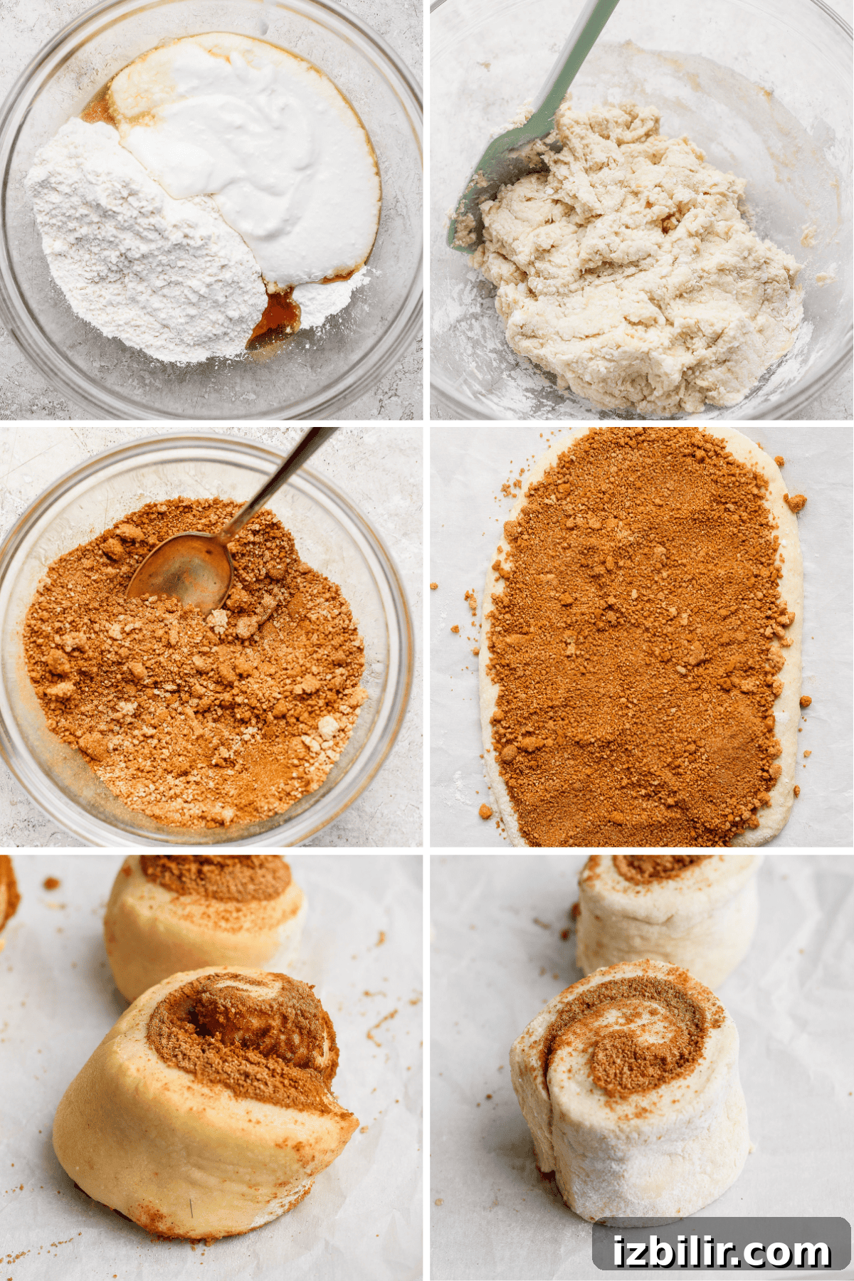 Small-Batch High-Protein Cinnamon Roll Recipe 3 A collage illustrating the steps to make protein cinnamon rolls: mixing nutrient-rich dough, combining cinnamon and sugar, spreading this filling on the dough, rolling it into shape, slicing, and showcasing the finished rolls before baking.