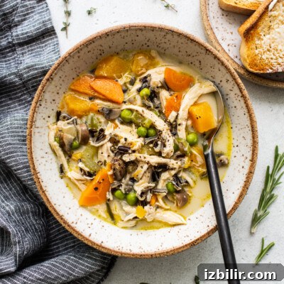 A bowl of turkey soup with wild rice and vegetables.