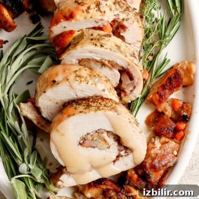 Roasted turkey stuffed with sage and thyme.