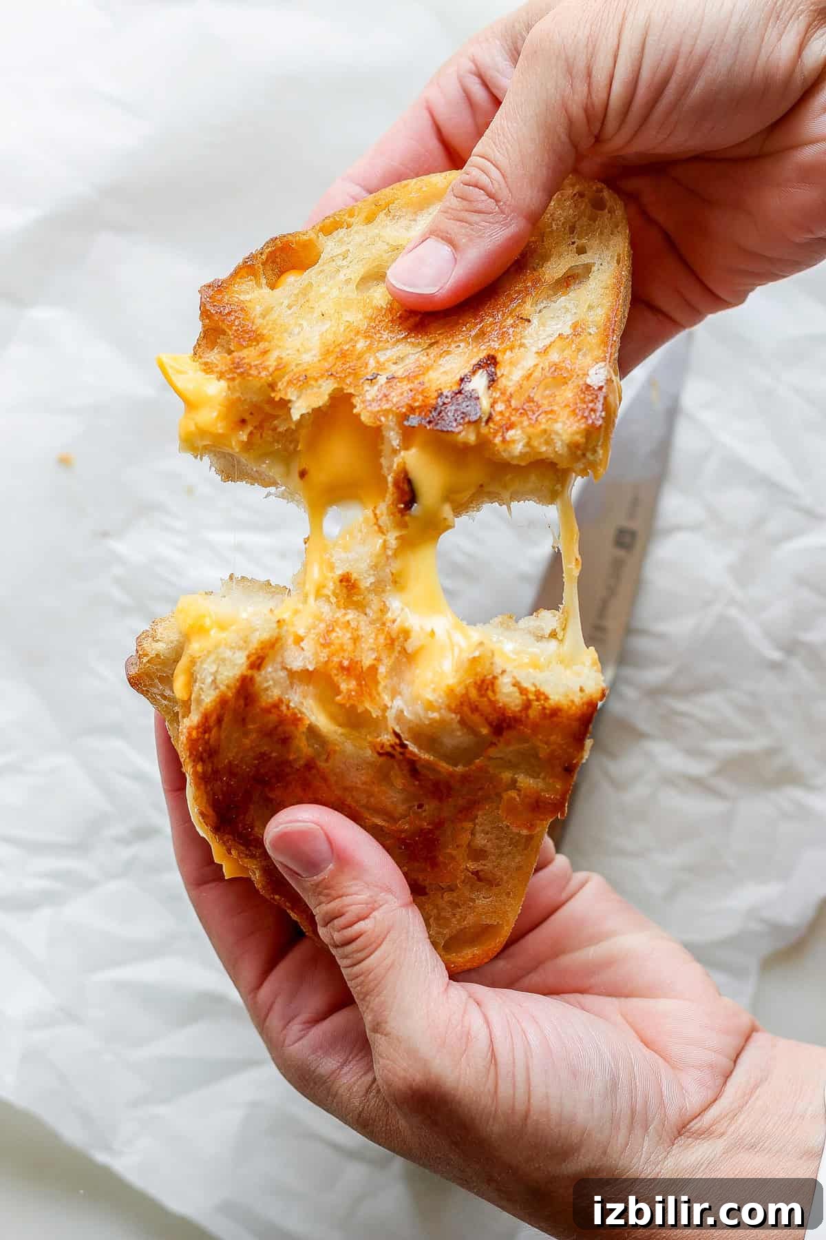 Hands pulling apart a grilled cheese sandwich, with melted cheese stretching between the toasted bread slices.