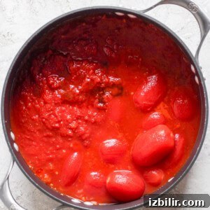 A pot filled with whole and crushed tomatoes in tomato sauce.