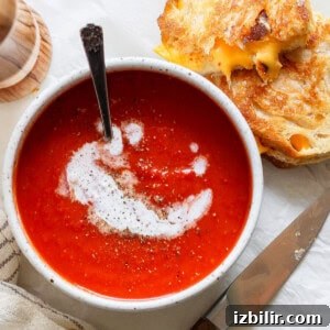 A bowl of tomato soup swirled with cream and pepper beside a grilled cheese sandwich.