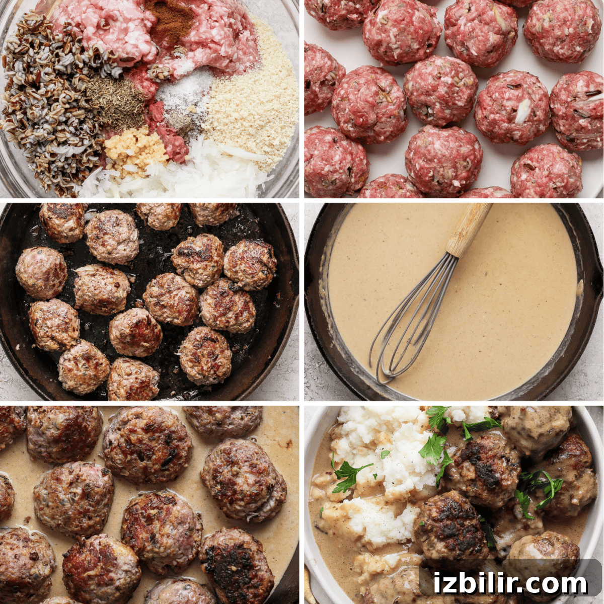 Minnesota-Style Swedish Meatballs with Creamy Gravy 3 A collage showing six steps to make Swedish meatballs: mixing ingredients, shaping meatballs, browning them, preparing sauce, cooking meatballs in sauce, and serving with mashed potatoes.